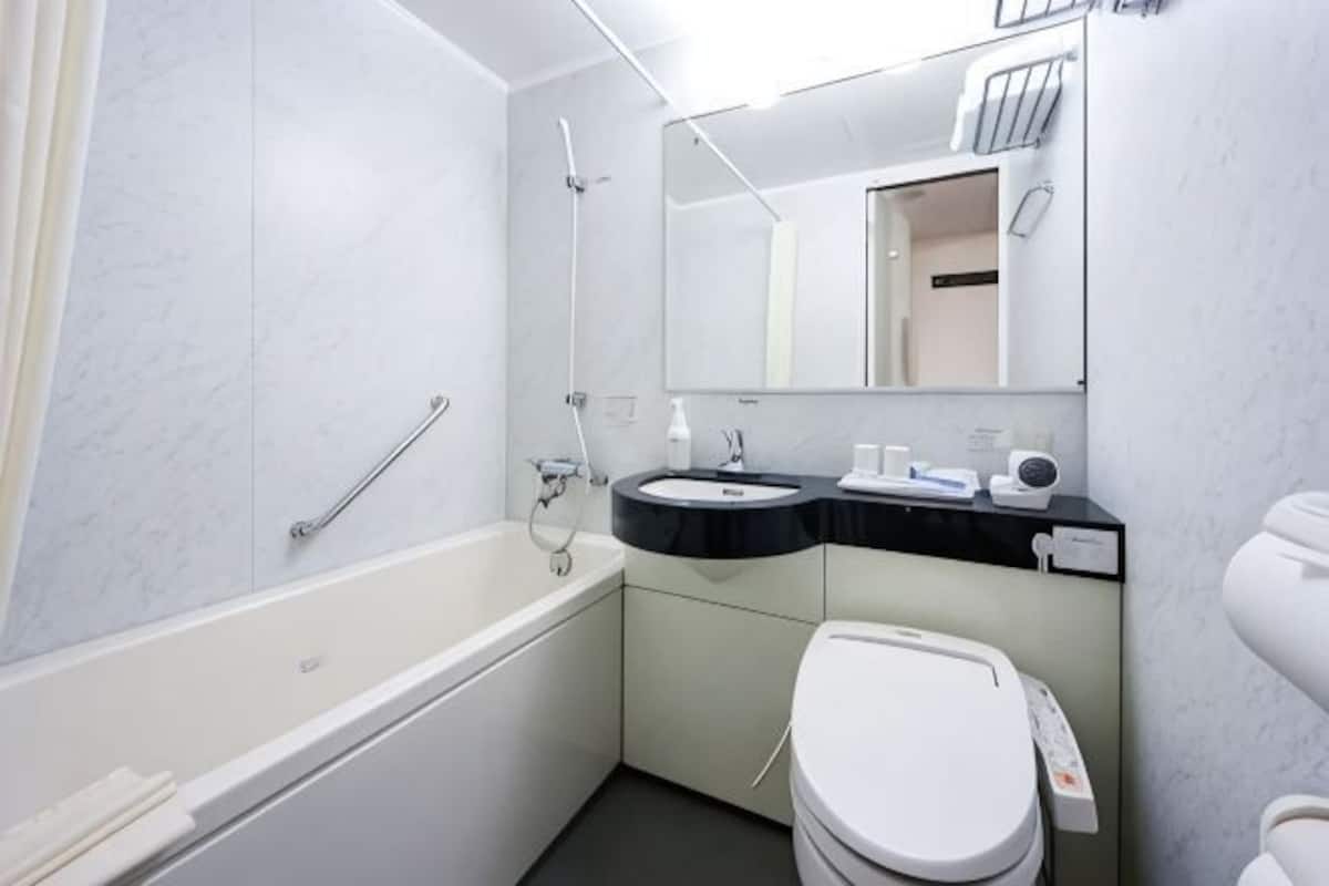 Combined shower/tub, free toiletries, hair dryer, slippers