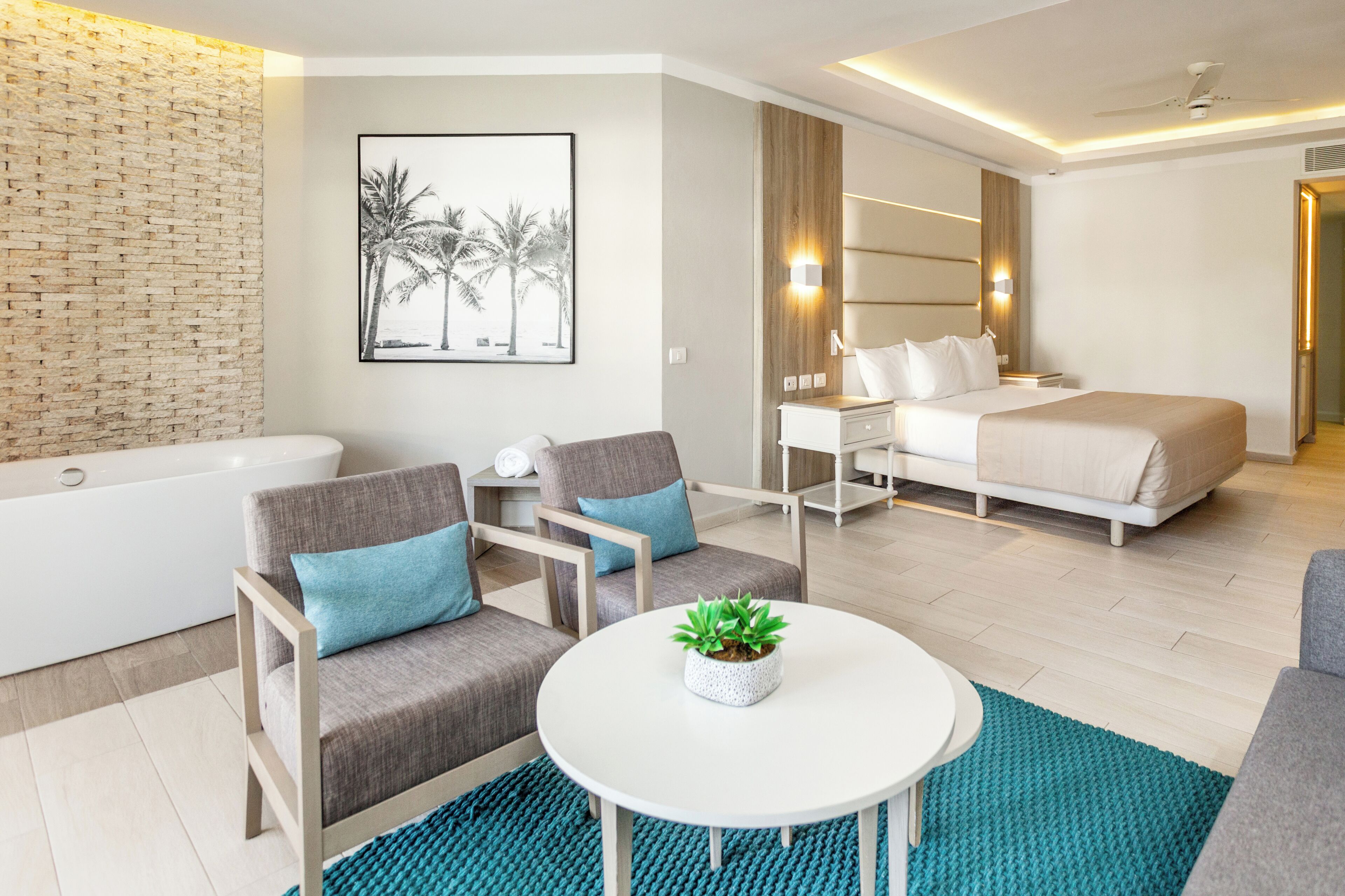 Una habitación de hotel moderna con una bañera, una cama, un sofá y una mesita con una planta.