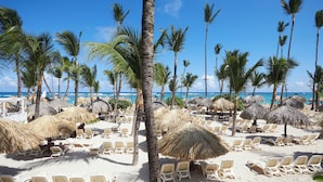 Une plage bordée de rangées de chaises longues et d’ombrelles en chaume, avec des palmiers et un ciel bleu azur.