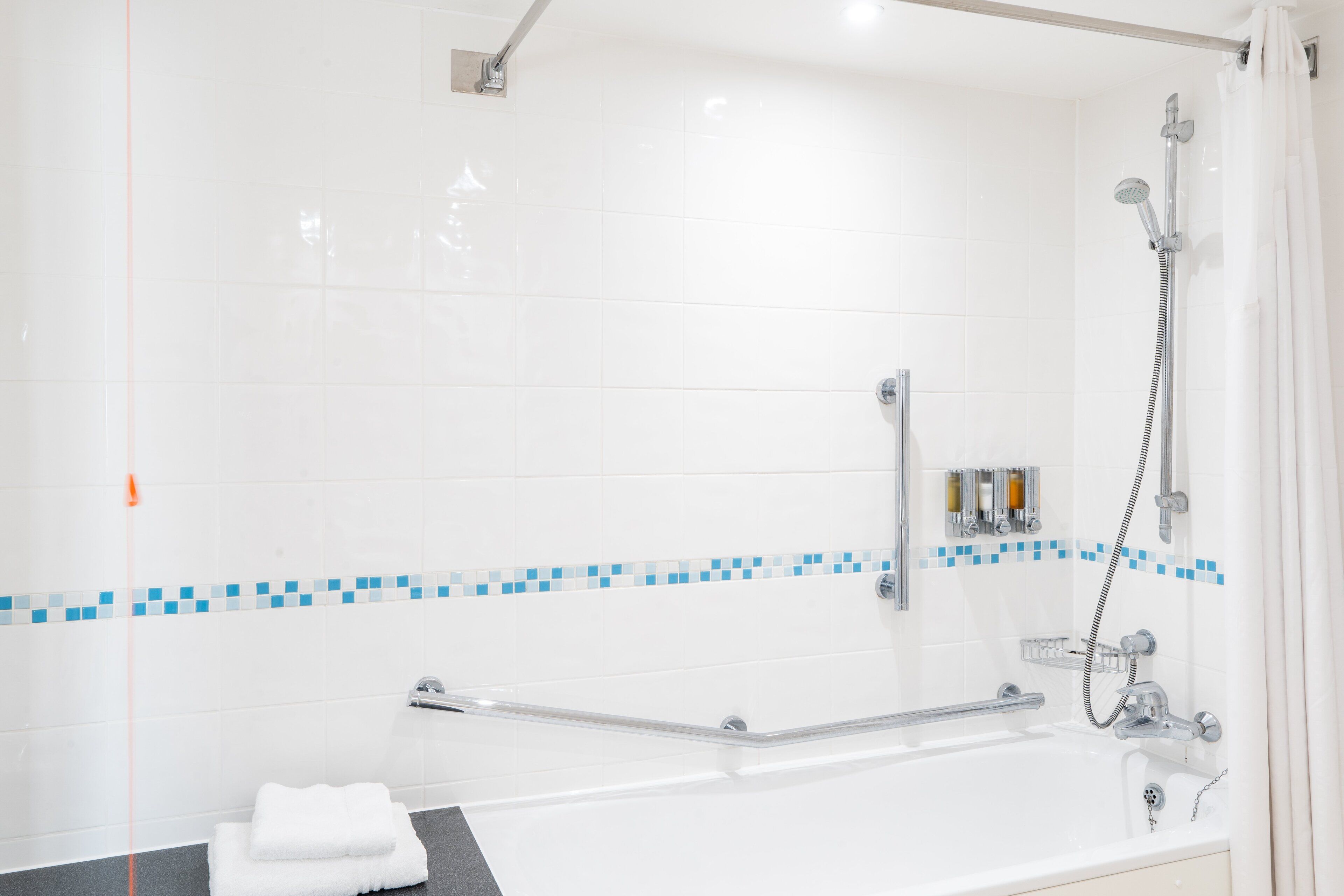 A modern bathroom with a shower, a bathtub, and a handrail.