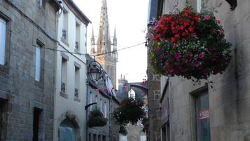 Una calle estrecha con edificios de piedra, una aguja de iglesia al fondo y macetas con flores colgantes.