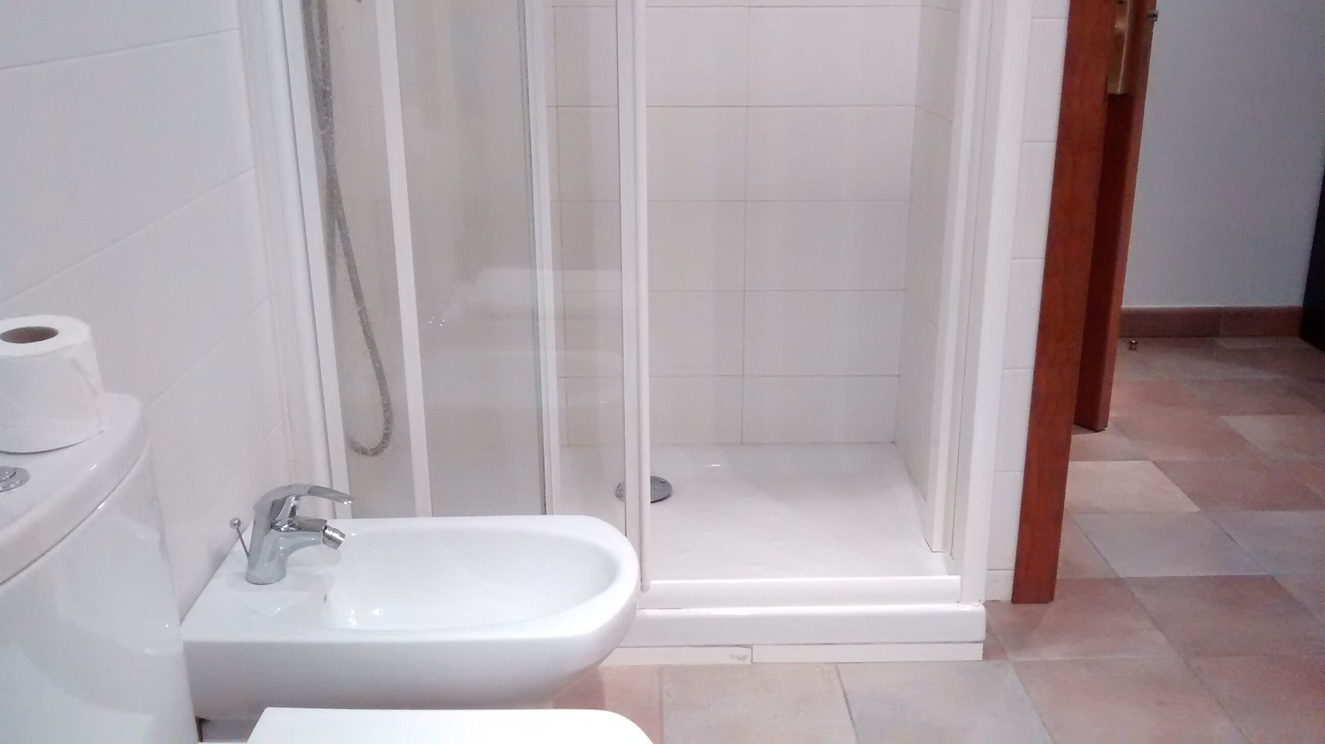 A bathroom with a shower, toilet, and bidet.