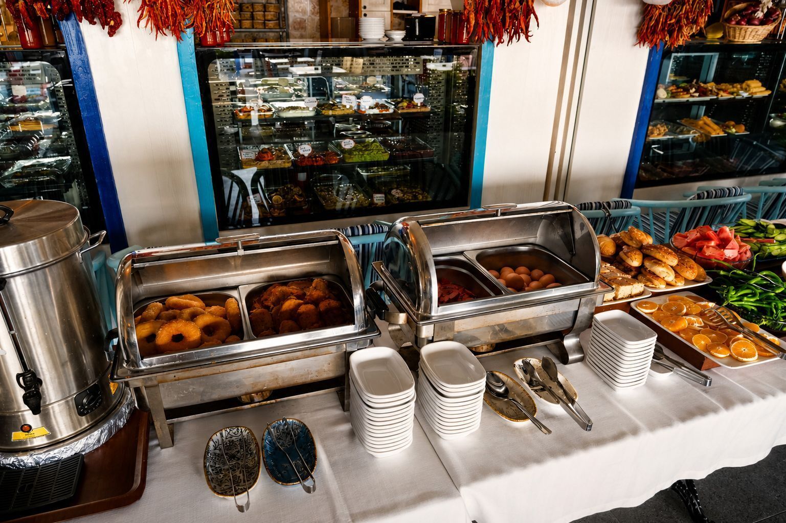 A buffet with various food items, including donuts, pastries, and fruits.