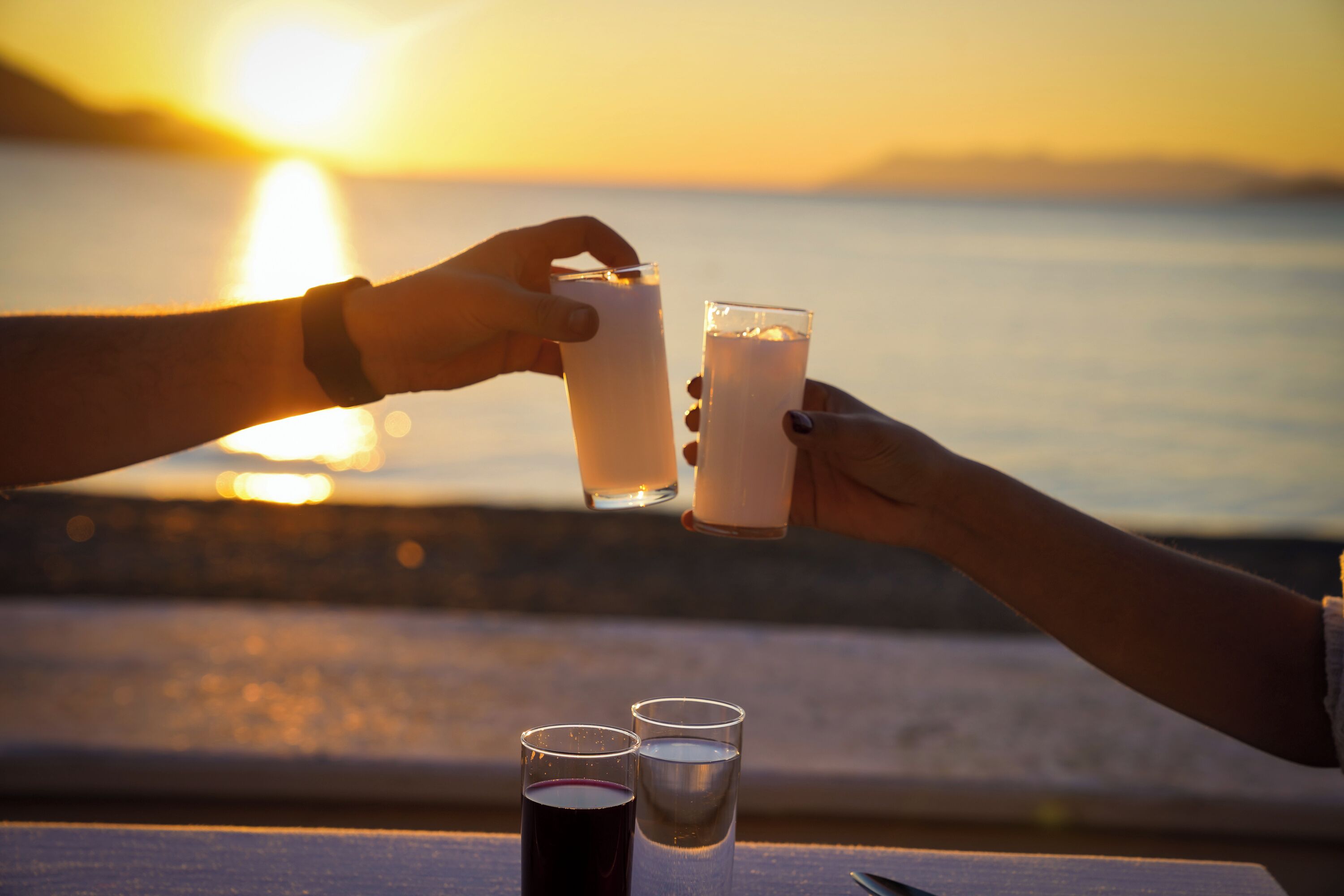 Two hands holding glasses of a beverage, with a sunset in the background.