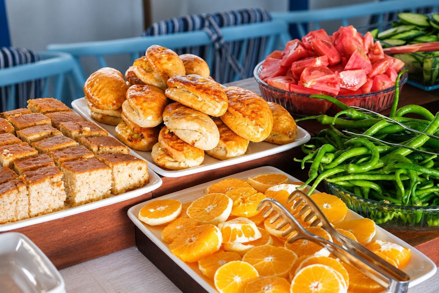 Une table de buffet proposant divers plats, notamment des pâtisseries, de la pastèque, des haricots verts et des tranches d’orange.