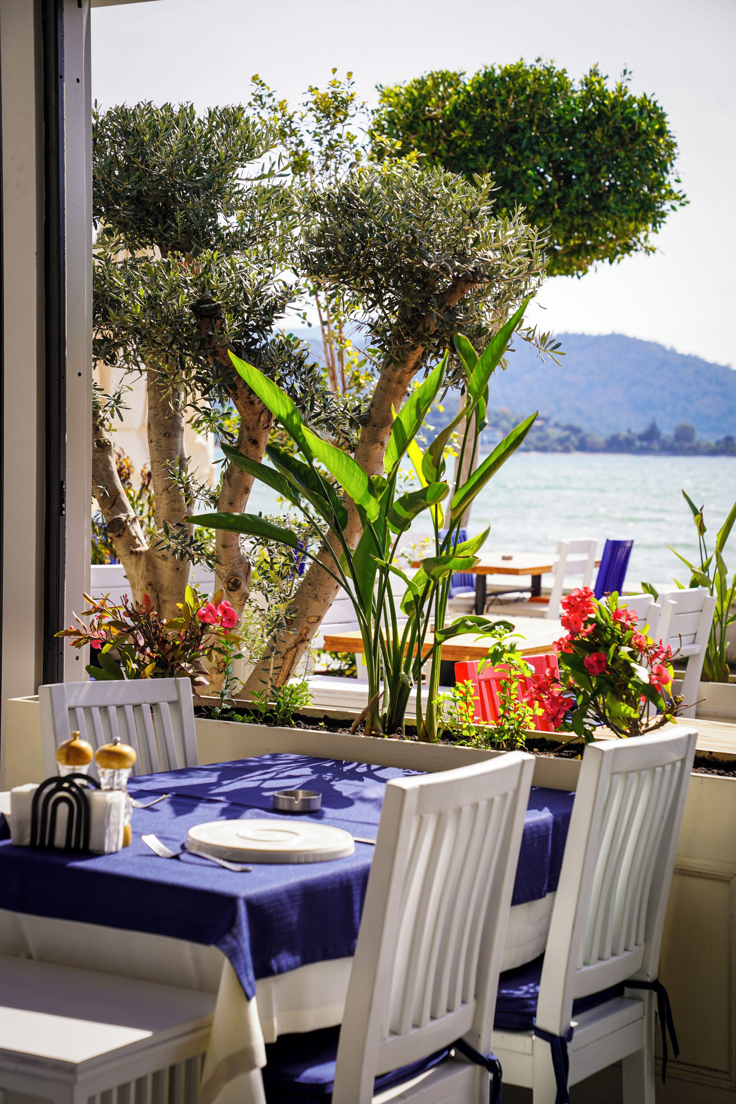 Un coin repas avec une table dressée pour deux personnes, des chaises et une vue sur la mer.