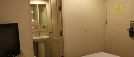 A hotel room with a bed, a television, a sink, and a mirror.