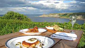 Breakfast, lunch, dinner served; British cuisine, sea views
