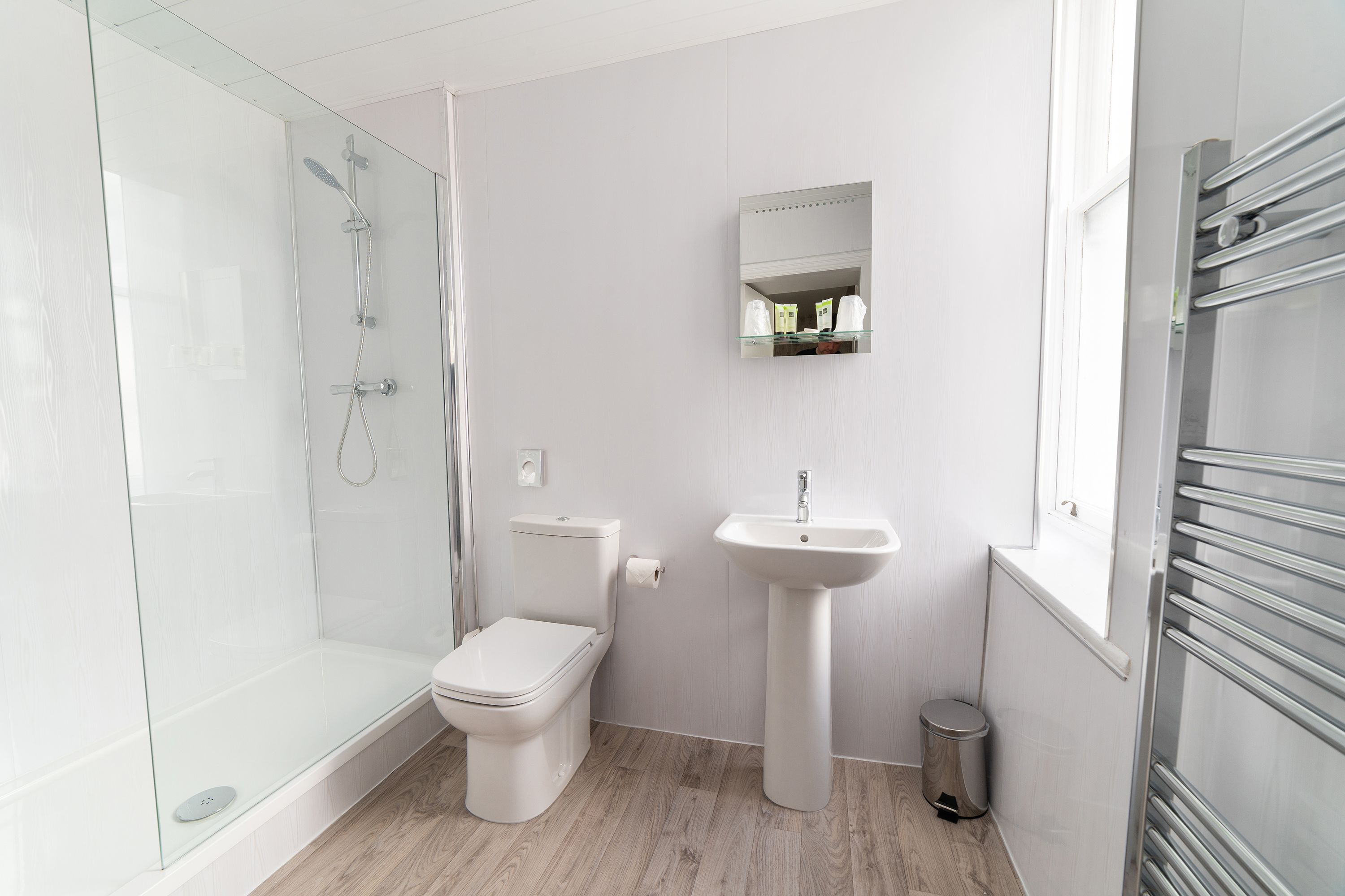 A modern bathroom with a glass-enclosed shower, a white toilet, a pedestal sink, and a mirror above the sink.