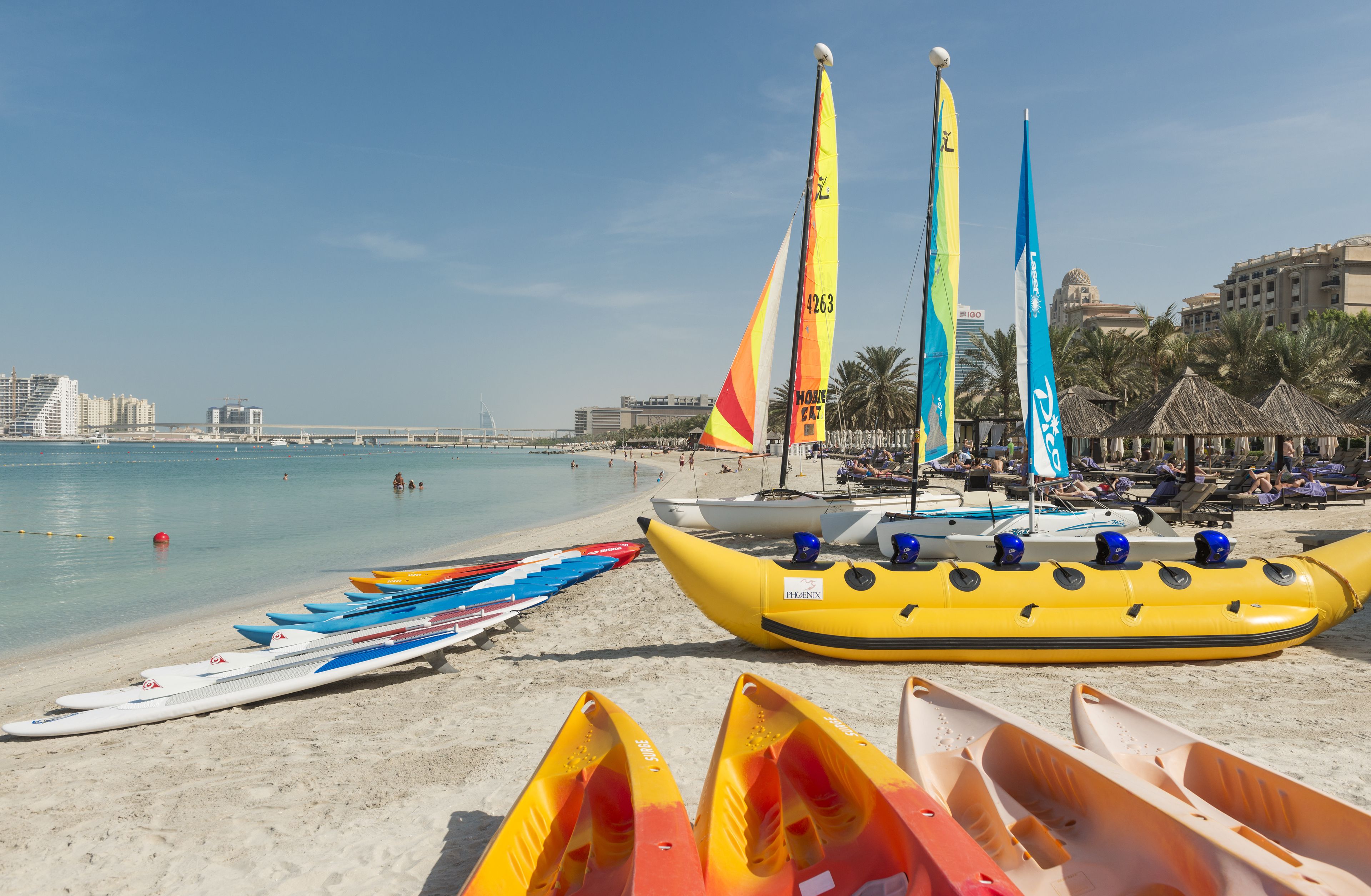 Una spiaggia con diverse canoe e kayak allineati sulla sabbia.
