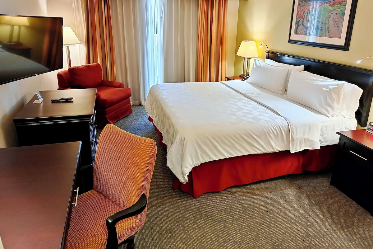 Quarto de hotel com cama, escrivaninha, cadeira, televisão e um quadro na parede.