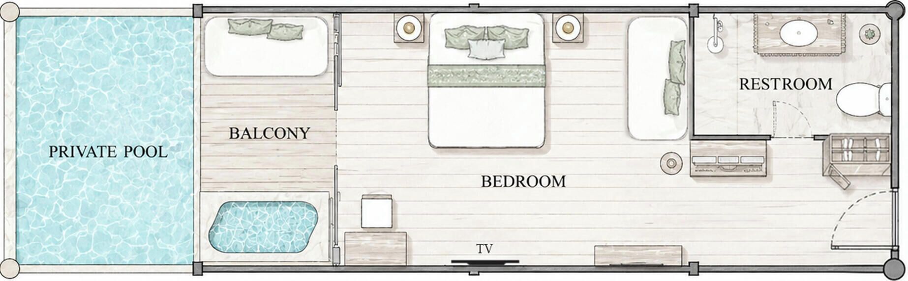 Plano de una habitación de hotel con piscina privada, balcón, dormitorio, televisor y baño.