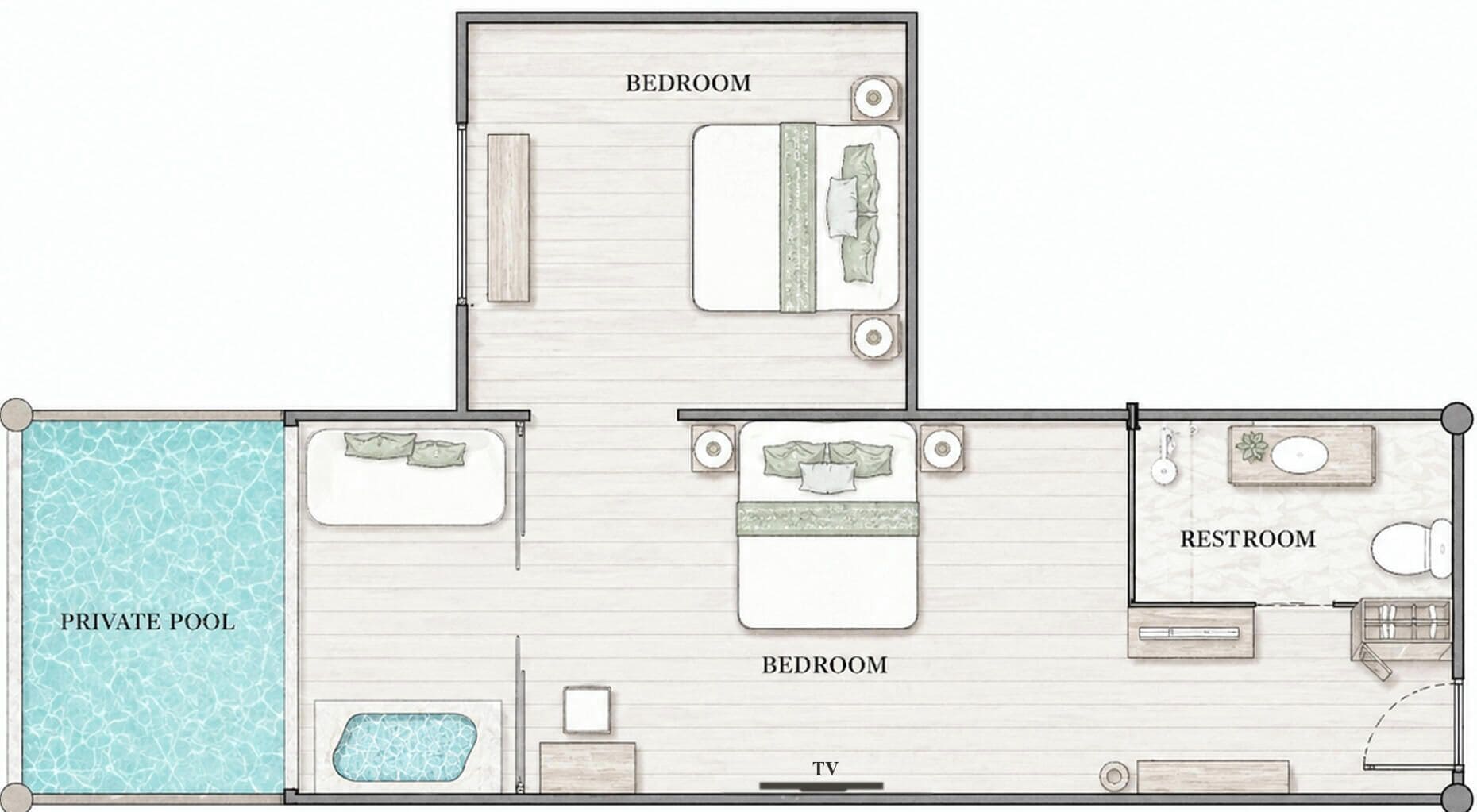 A floor plan of a hotel with a private pool, two bedrooms, a bathroom, and a TV.