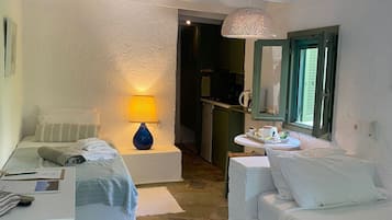 Economy Twin Studio Partial Sea View | Couette en duvet d'oie, coffres-forts dans les chambres