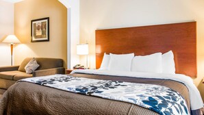 Une chambre d’hôtel avec un grand lit, un canapé, une table de chevet et une lampe.