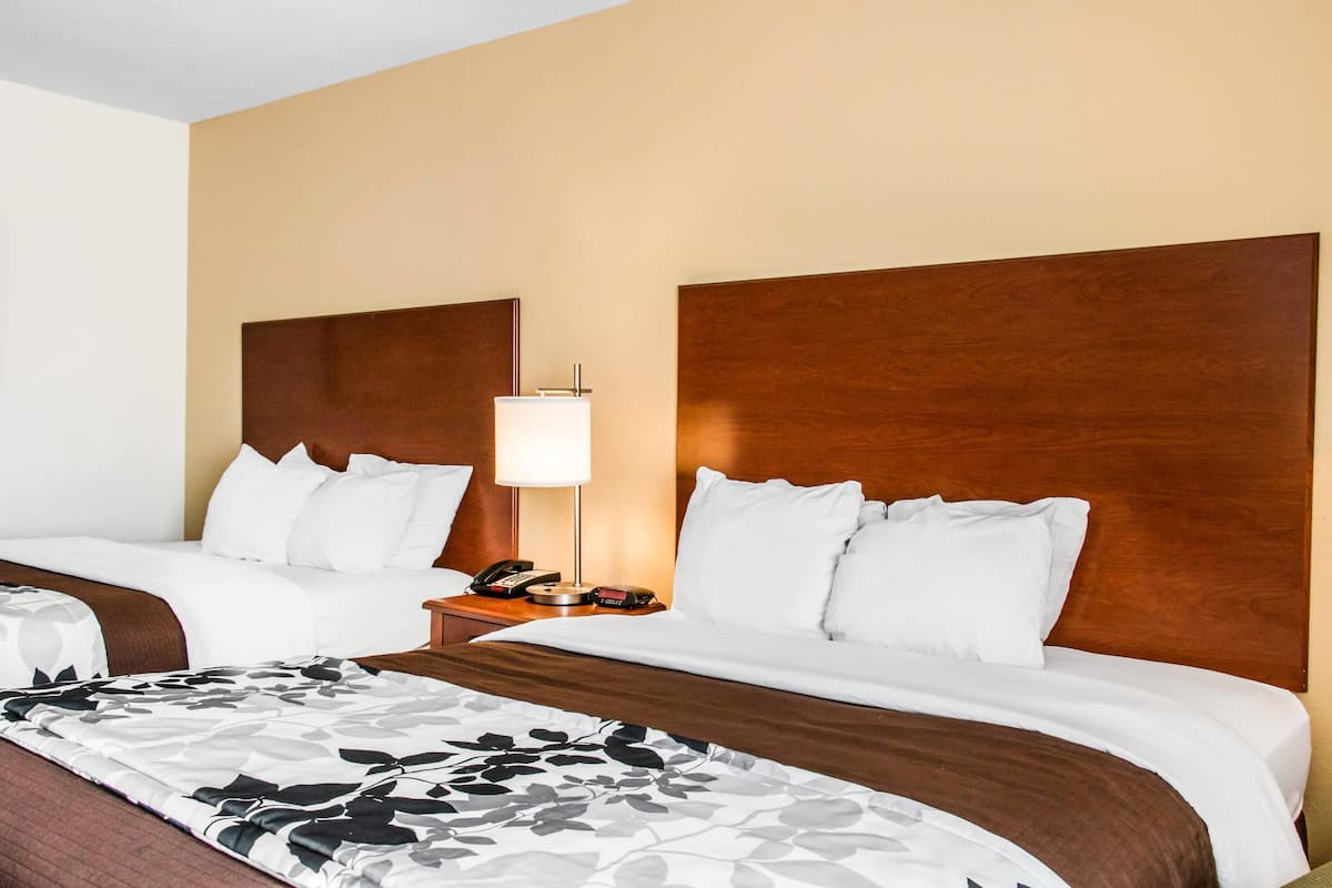 Una habitación de hotel con dos camas, una mesita de noche con lámpara y teléfono.