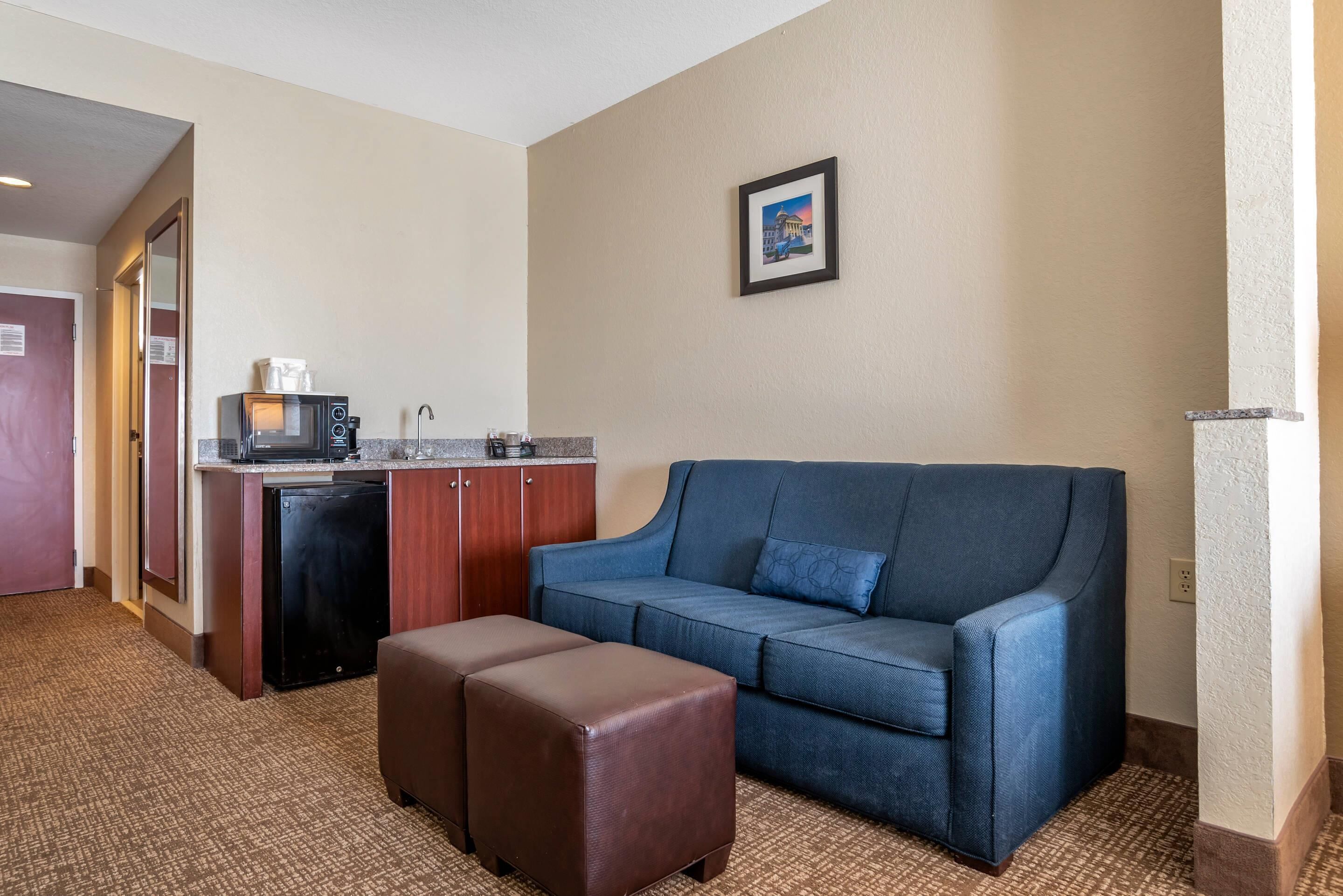 Desk, laptop workspace, blackout curtains, iron/ironing board