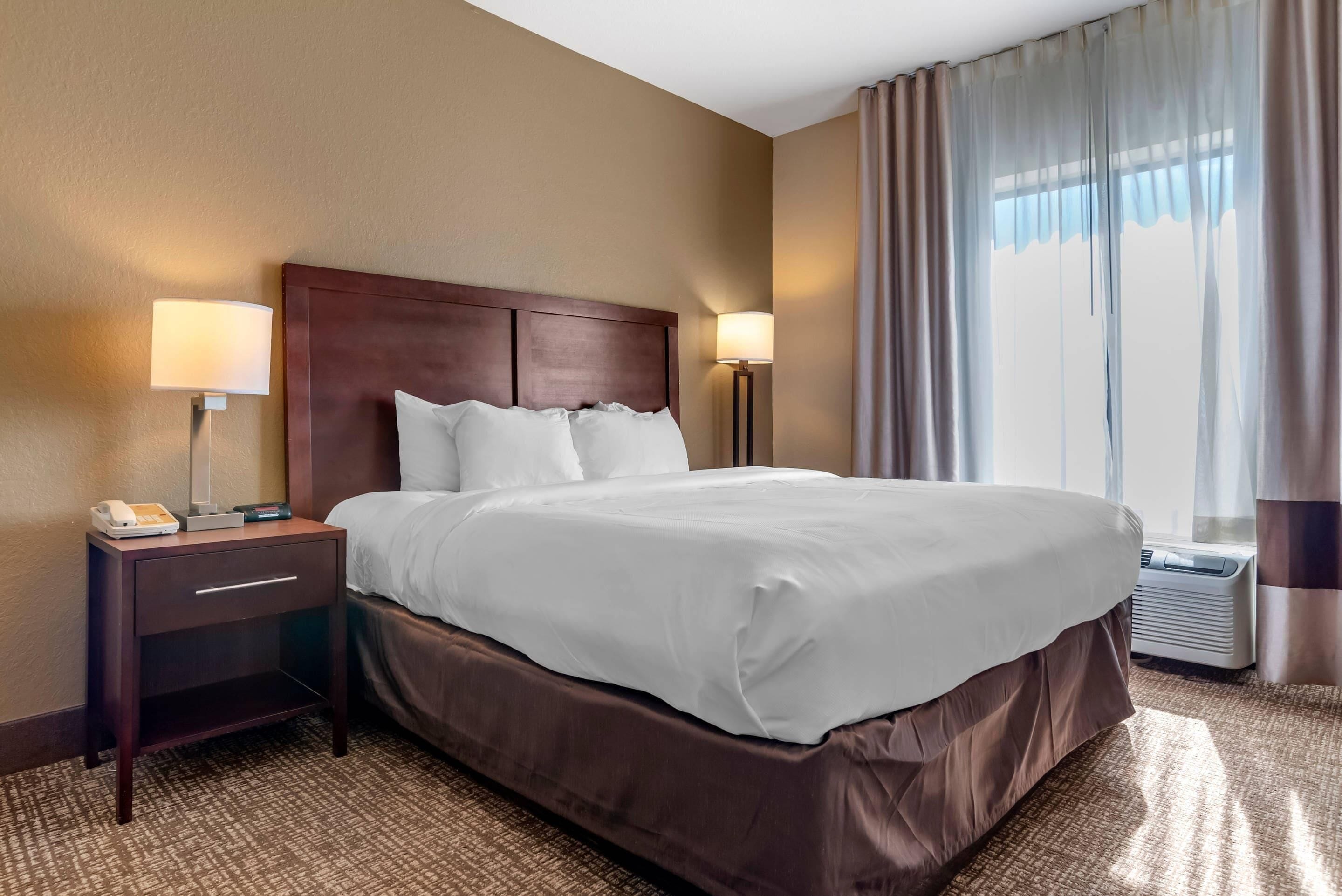 A hotel room with a large bed, two bedside lamps, a nightstand with a phone, and a window with curtains.