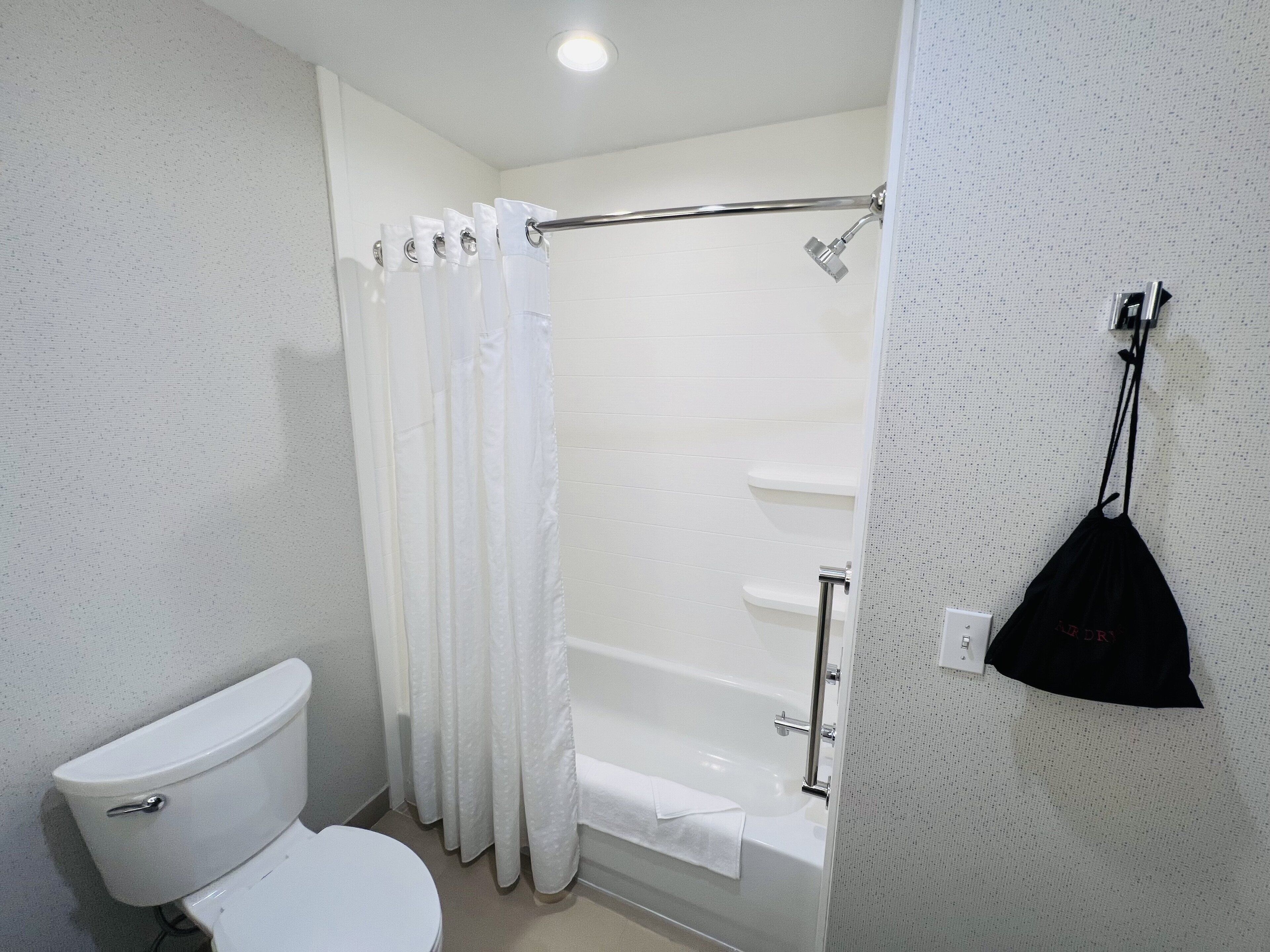 combined shower/bathtub, free toiletries, hair dryer, towels