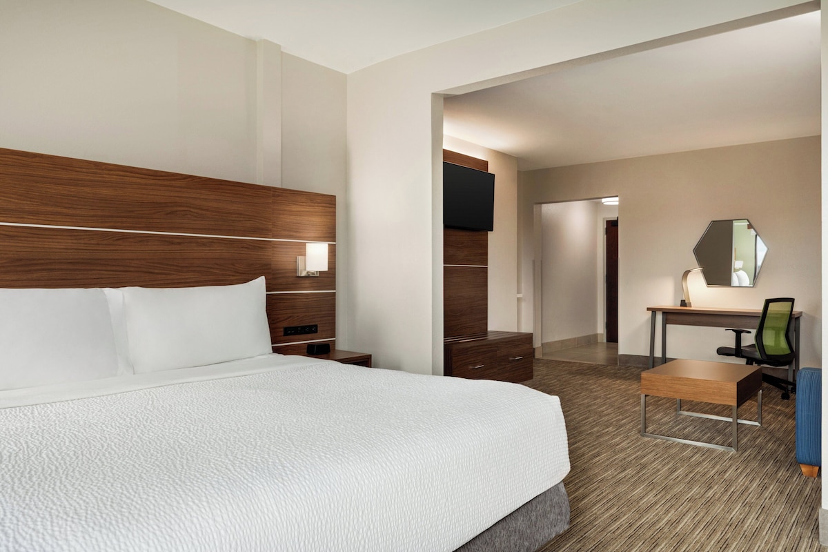 Habitación de hotel con una cama grande, un escritorio con una silla, un espejo y un televisor en la pared.