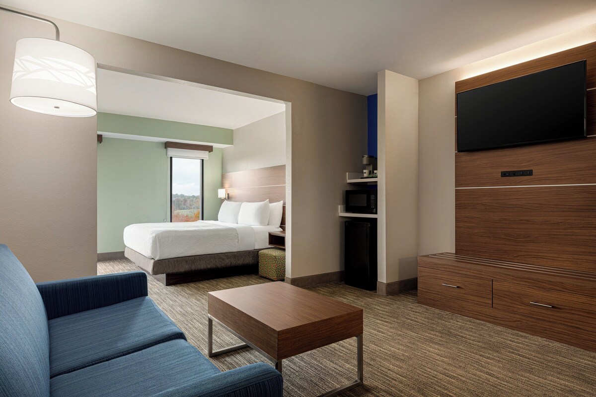 Una habitación de hotel con una cama, un sofá, un televisor y una mesita.