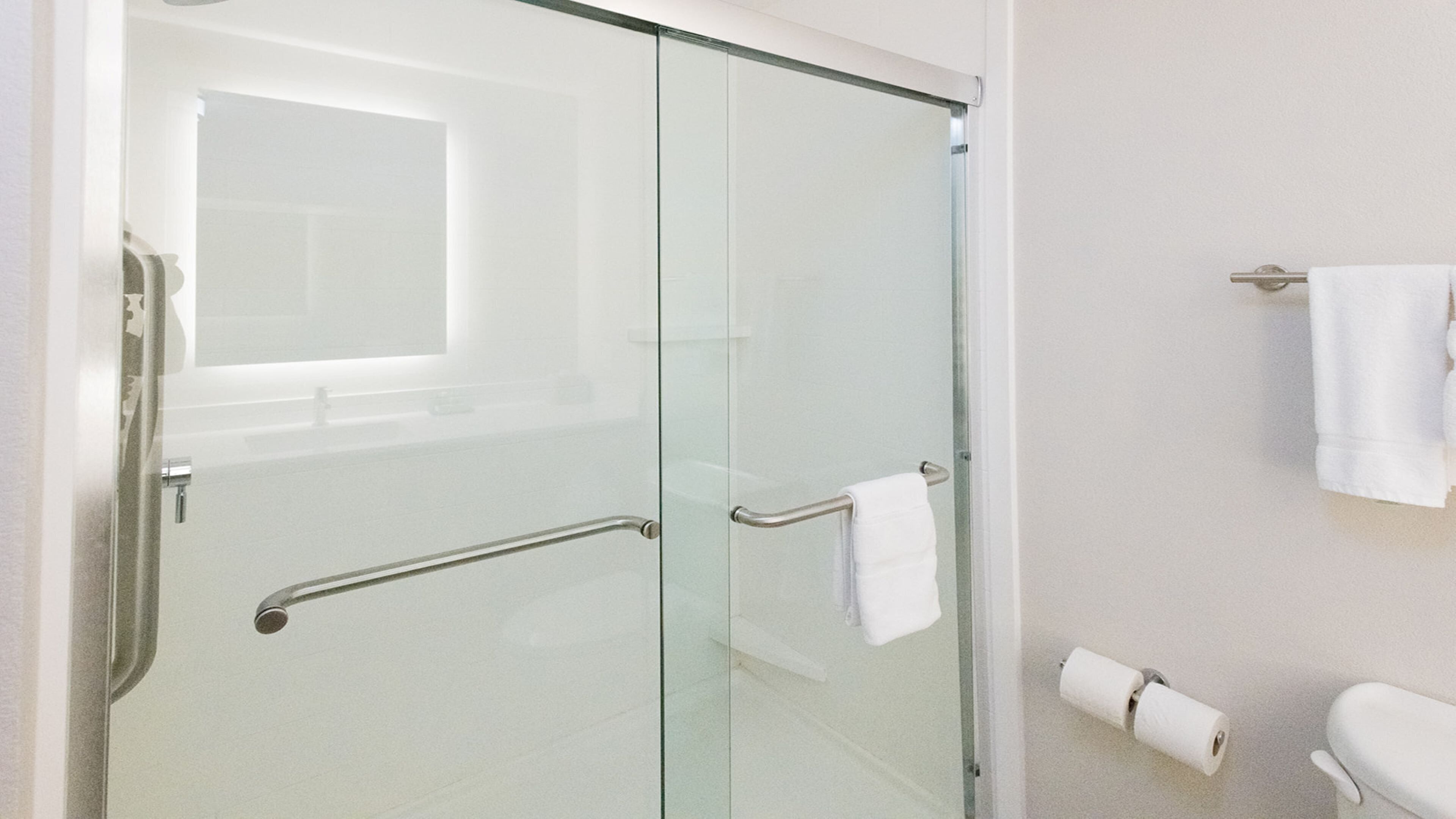 A modern bathroom with a glass shower enclosure, a toilet, and a towel rack.