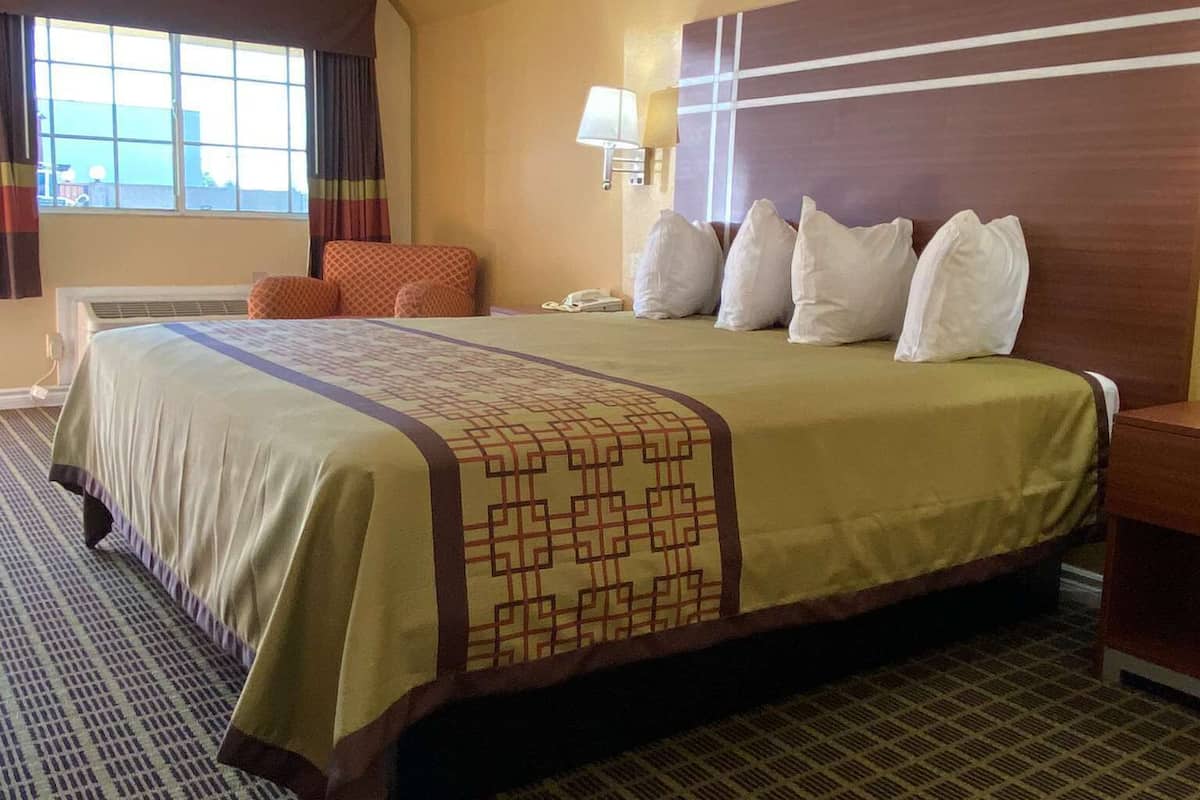 Une chambre d’hôtel avec un grand lit, une table de chevet, une lampe et une fenêtre avec des rideaux.