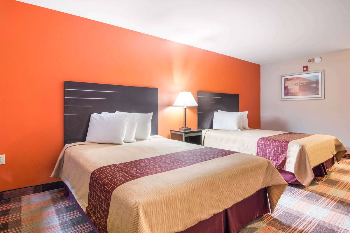 A hotel room with two beds, a nightstand with a lamp, and a framed picture on the wall.