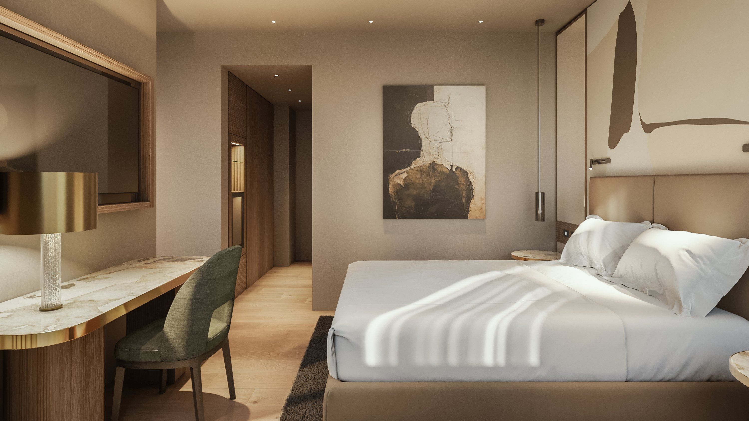 Een moderne hotelkamer met een bed, een bureau en een stoel.