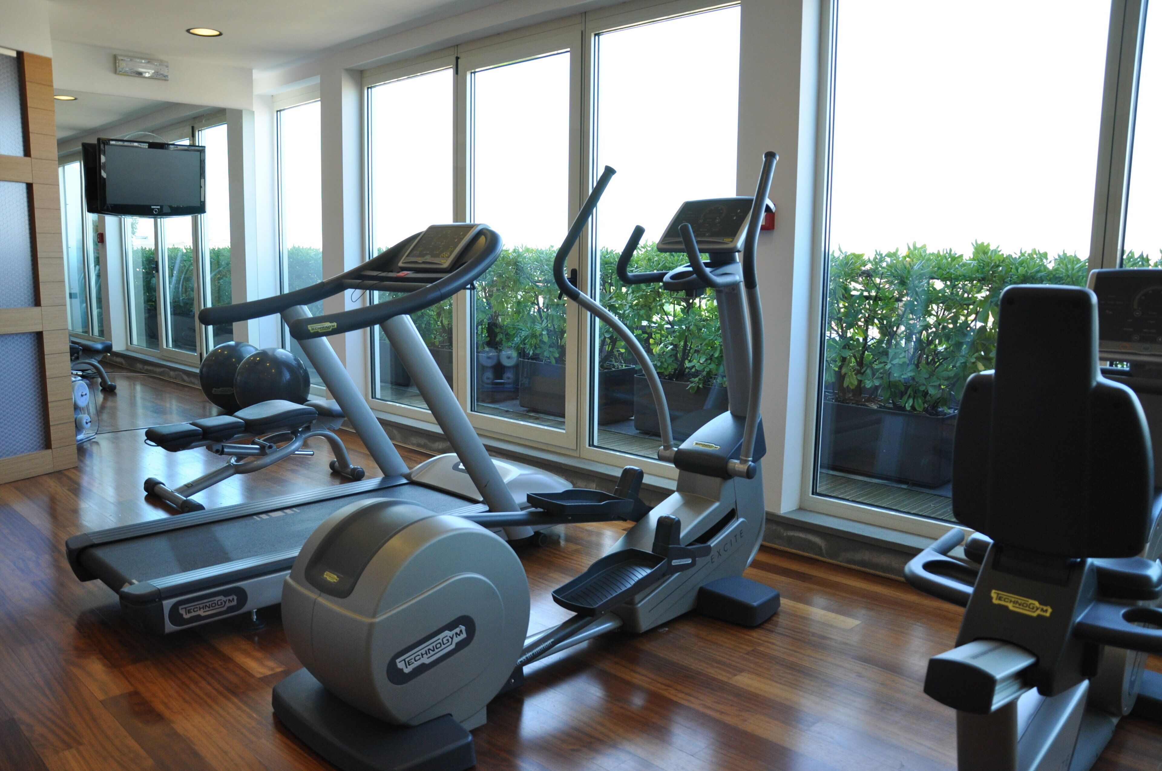 A gym with cardio machines, weight equipment, and large windows offering a view of greenery.