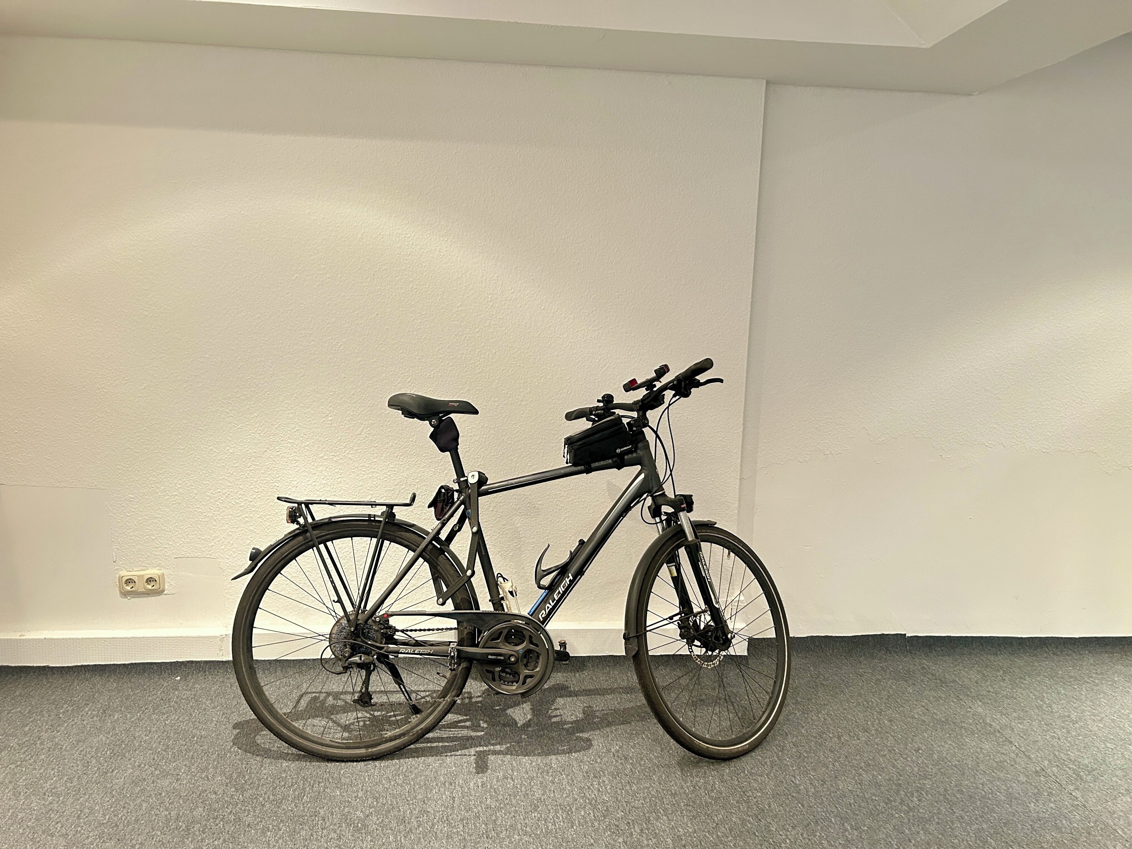 Een fiets staat tegen een effen muur in een kamer met vloerbedekking.