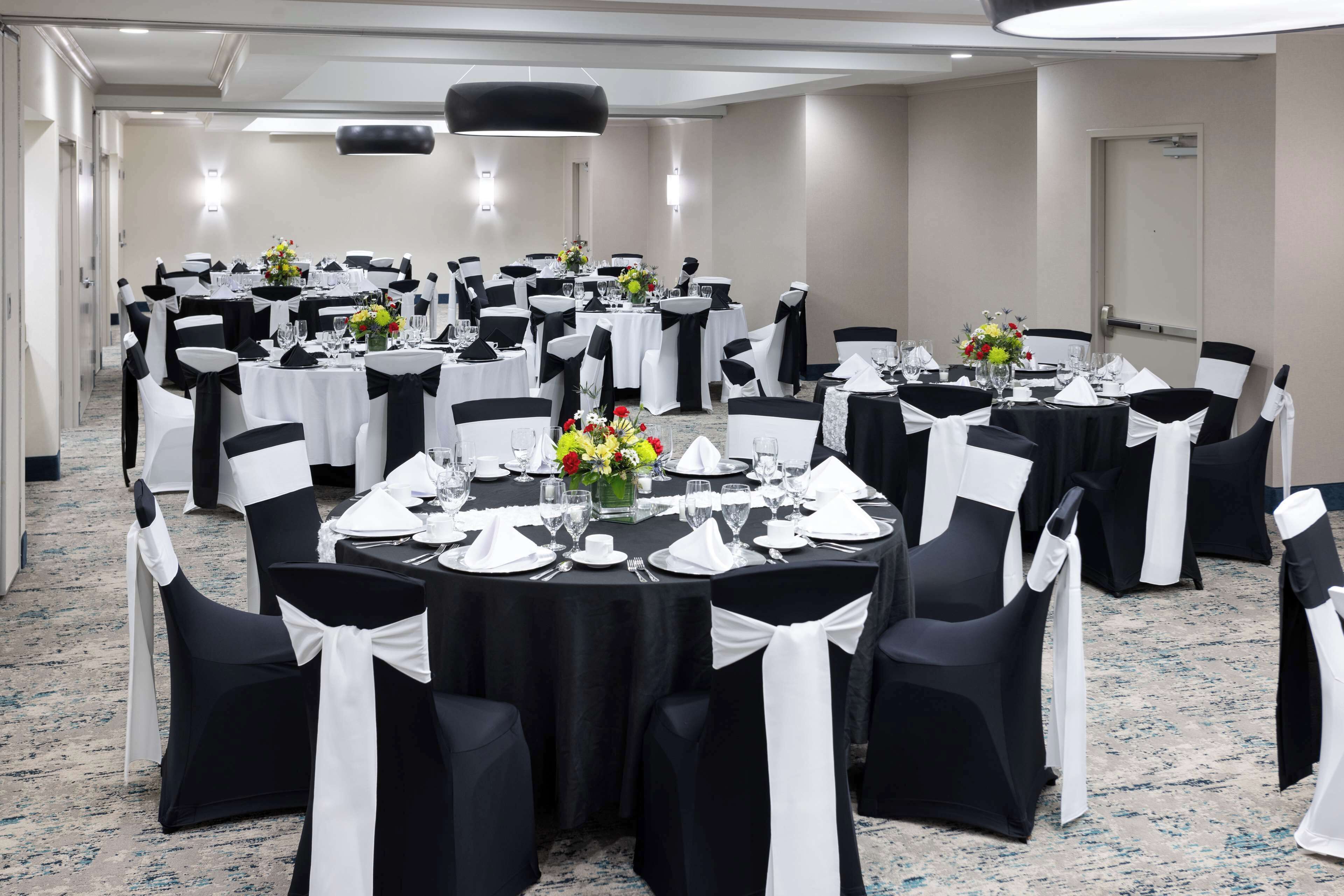 Een feestzaal met ronde tafels, zwart-witte tafelkleden en stoelen met zwart-witte linten.