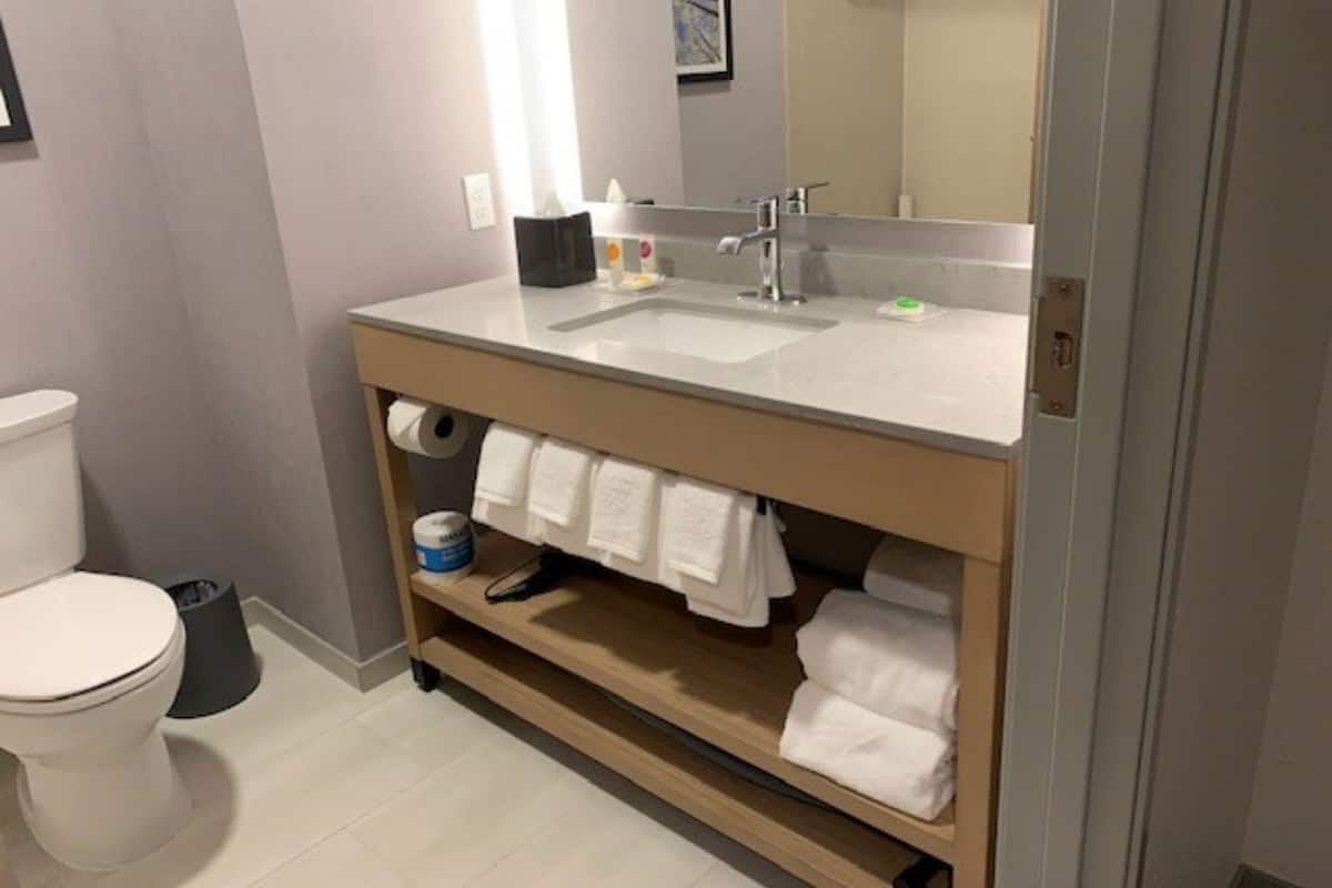 combined shower/bathtub, free toiletries, hair dryer, towels