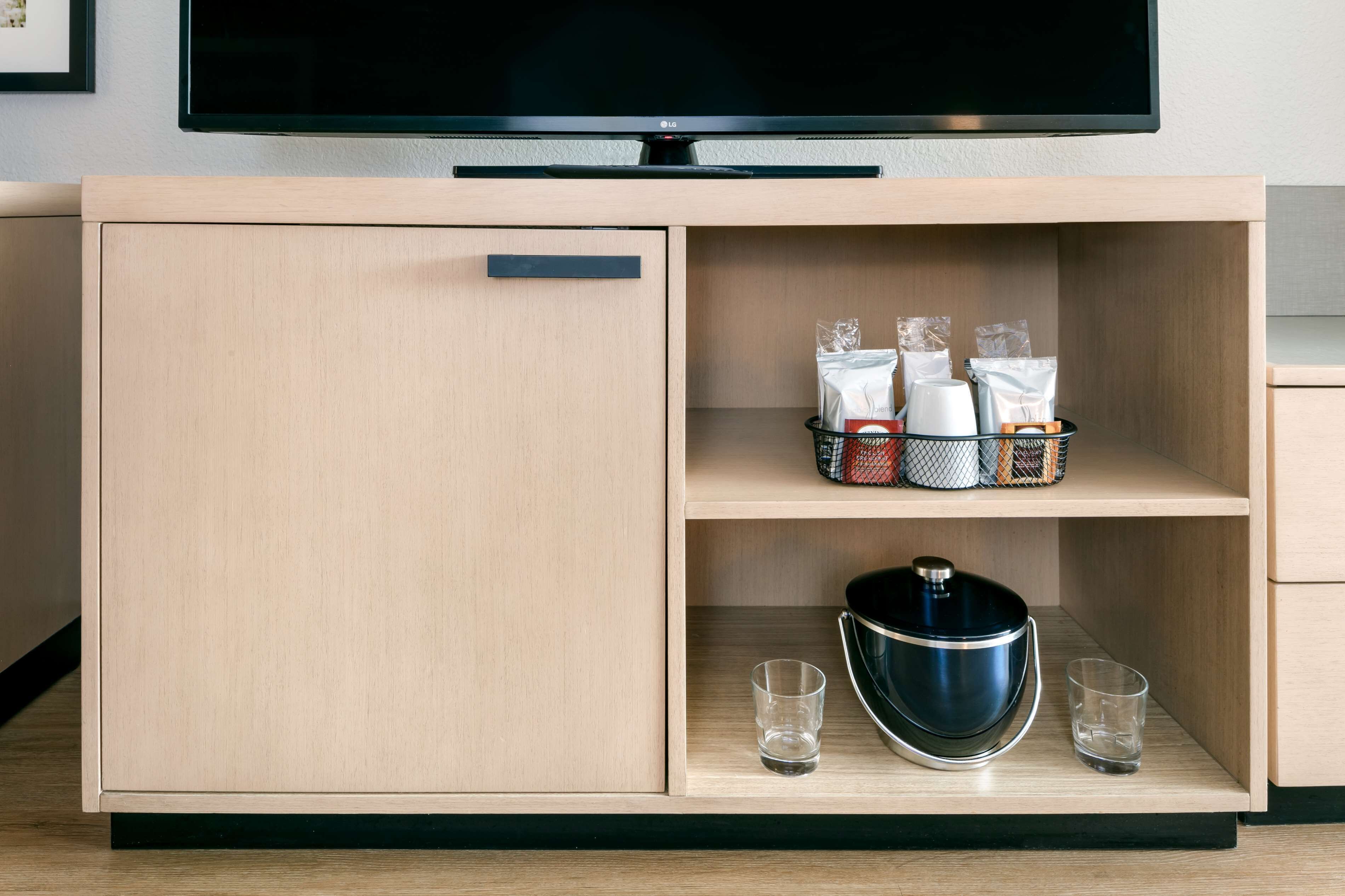 desk, laptop workspace, blackout curtains, iron/ironing board
