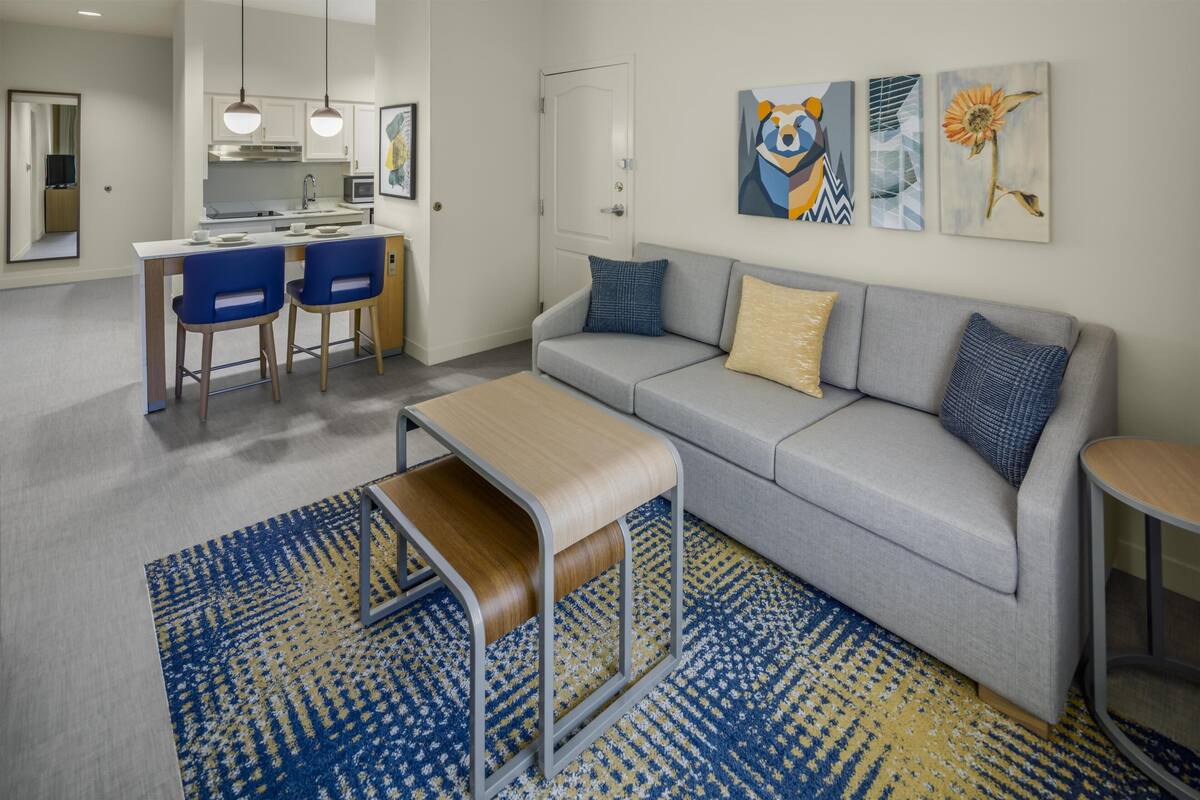 Suite, 2 Queen Beds, Accessible (Mobility & Hearing, Roll-in Shower) | Living area | 43-inch flat-screen TV with cable channels, TV