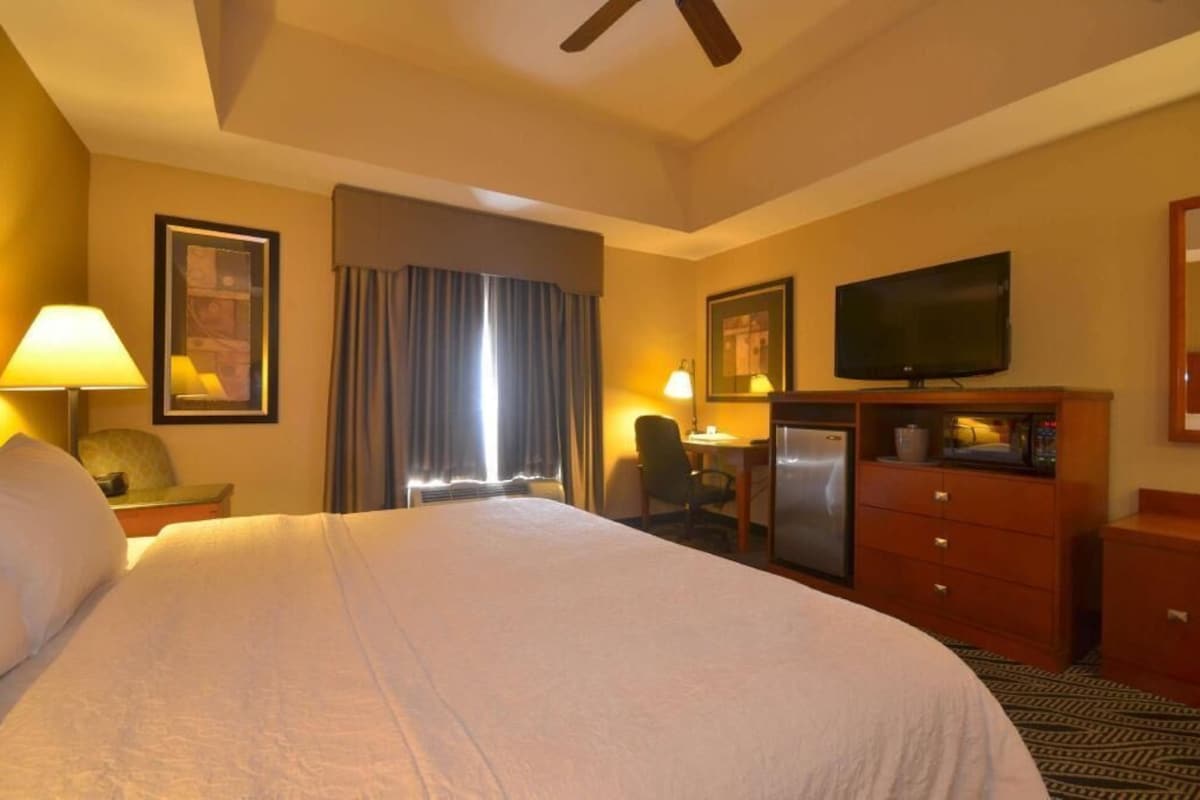 Habitación de hotel con una cama grande, un escritorio con silla, televisor, refrigerador y cómoda.