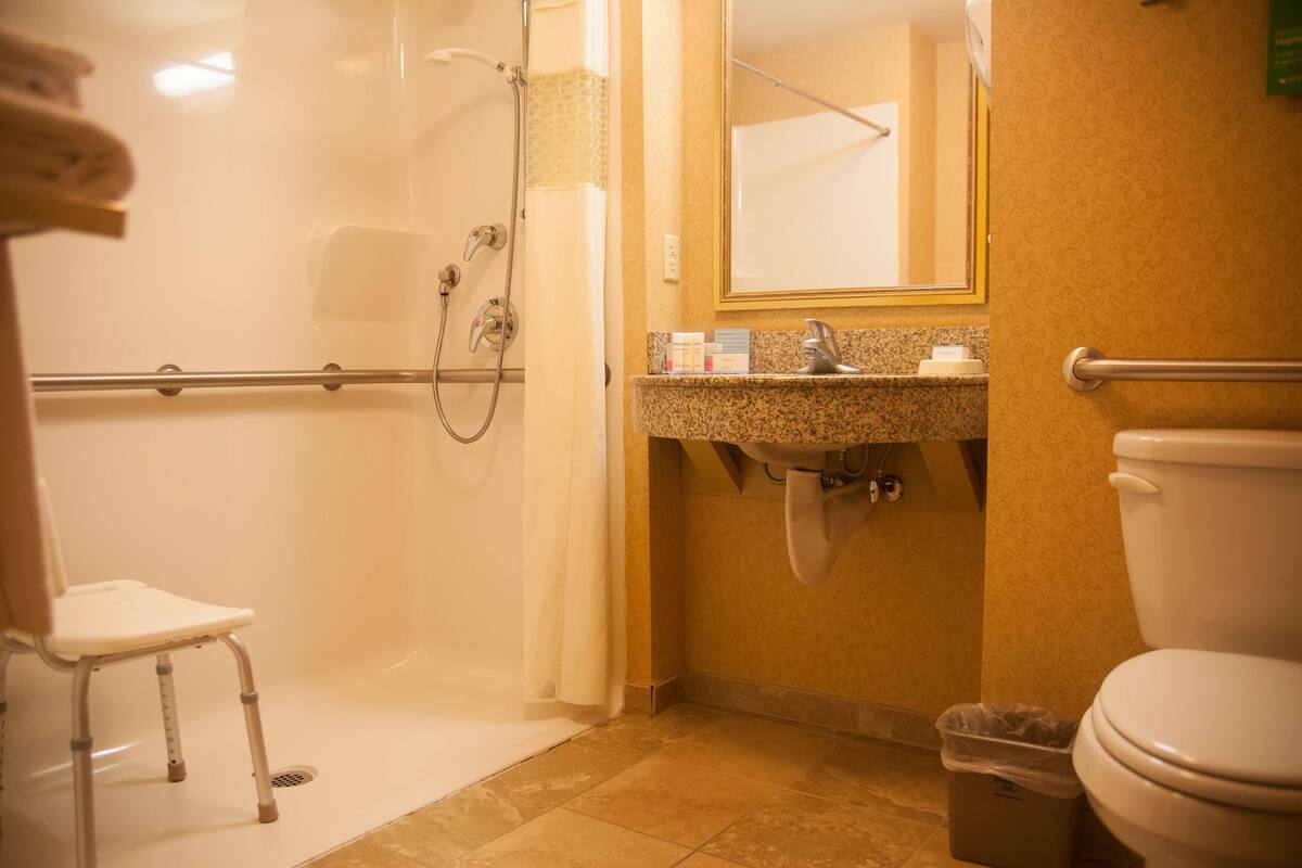 A bathroom with a shower, toilet, sink, and a wheelchair-accessible chair.