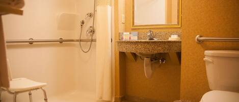 A bathroom with a shower, toilet, sink, and a wheelchair-accessible chair.