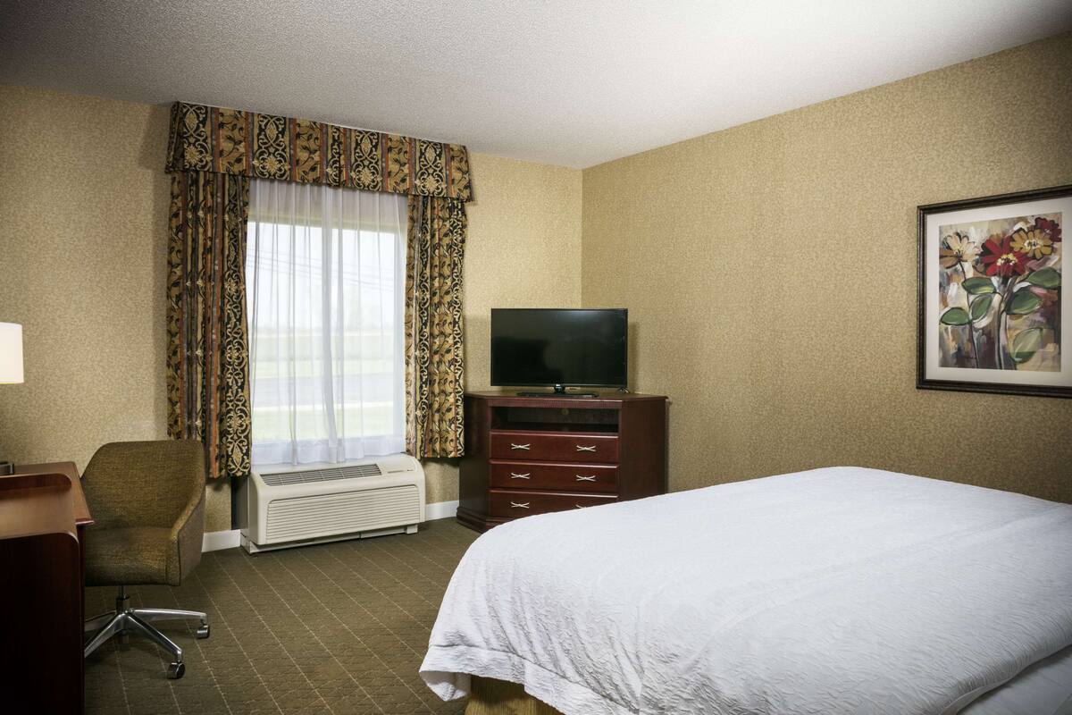 A hotel room with a bed, a desk with a chair, a television, and a radiator.