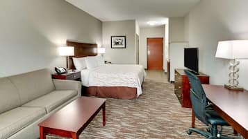 Habitación de hotel con cama, sofá, escritorio, silla, televisión y lámpara.