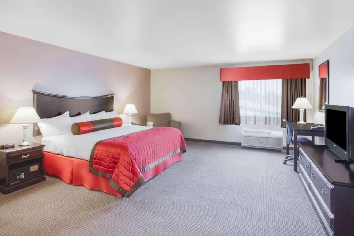 Een hotelkamer met een bed, twee nachtkastjes, een televisie, een bureau en een raam met gordijnen.
