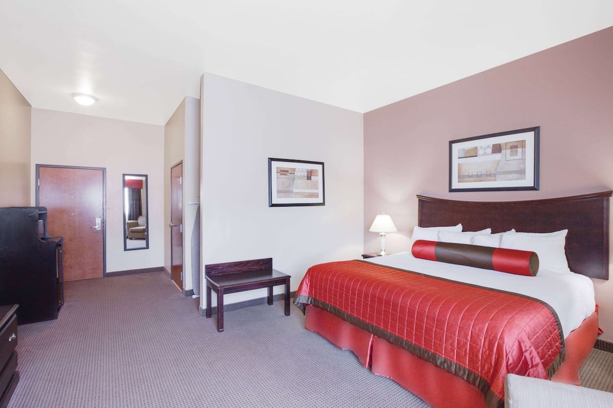 Een hotelkamer met een groot bed, een bureau, een stoel, een televisie en een deur.
