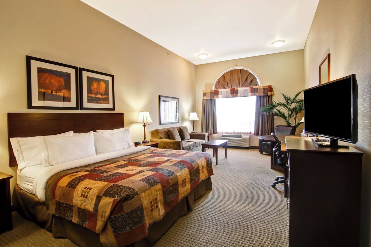 A hotel room with a large bed, a desk, a TV, and a sofa. There are two framed pictures on the wall and a window with curtains.