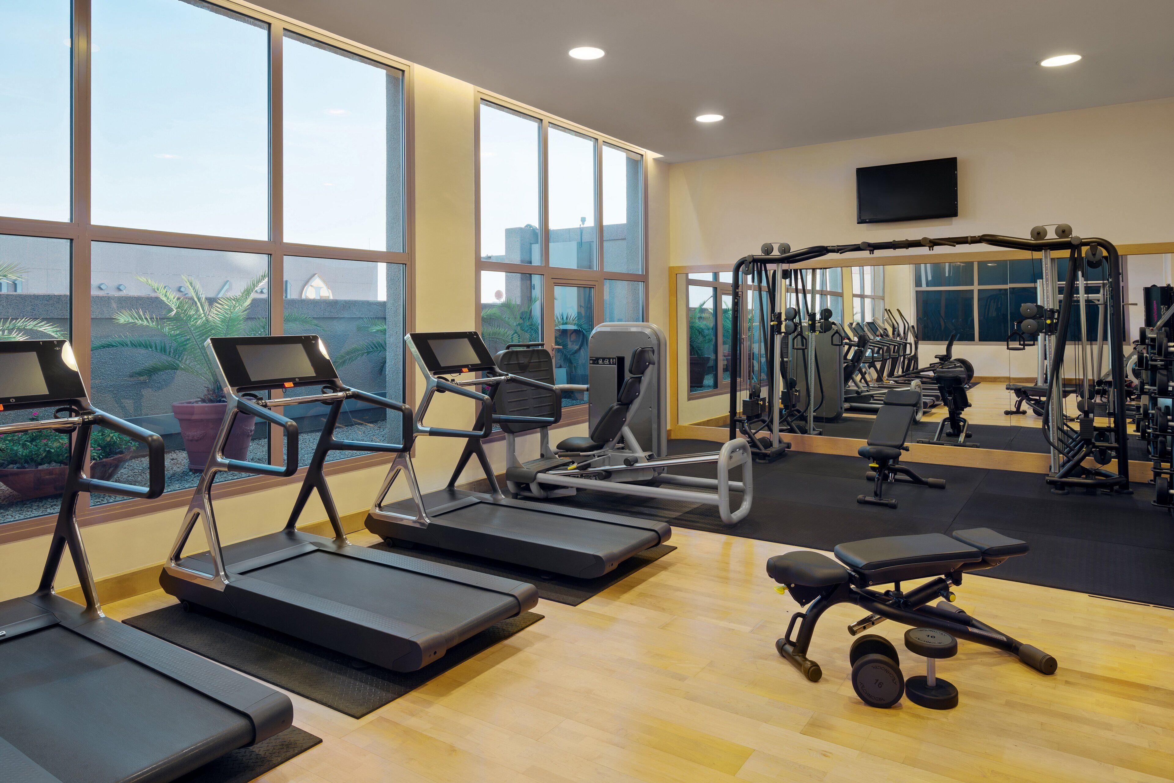 Ein Fitnessraum mit Laufbändern, Kraftgeräten und einer Bank.