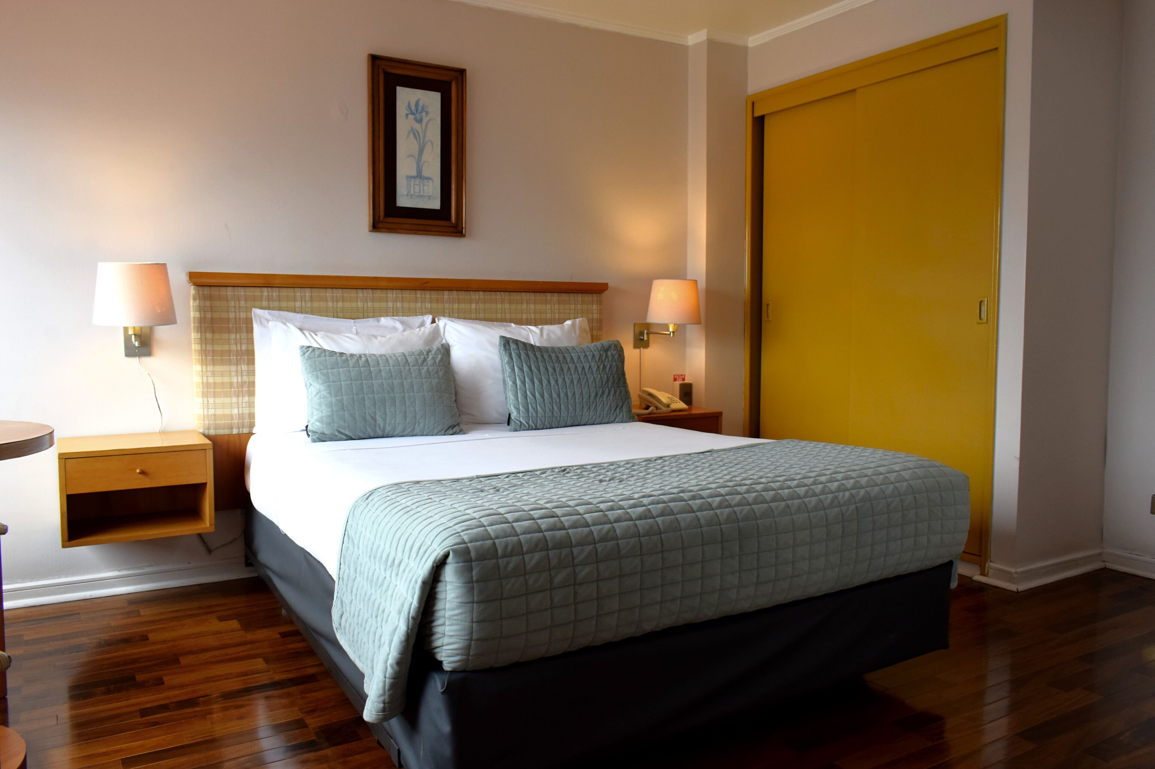 Habitación de hotel con una cama, dos mesitas de noche, una lámpara de noche, un cuadro enmarcado en la pared y una puerta amarilla.