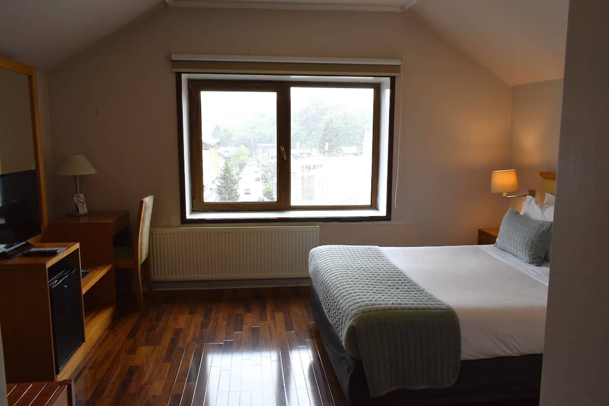 A bedroom with a bed, a desk, a chair, a window, and a radiator.