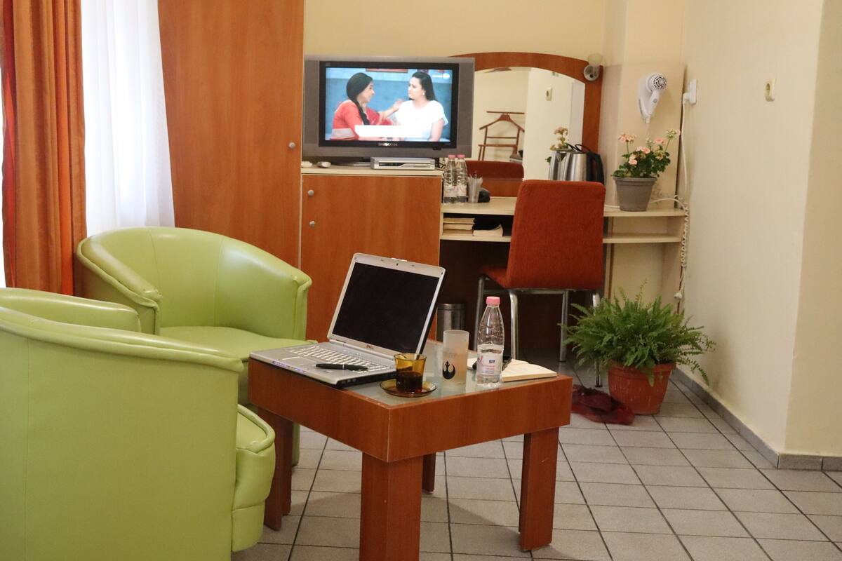 A small living area with a green armchair, a wooden table with a laptop, a television, and a potted plant.