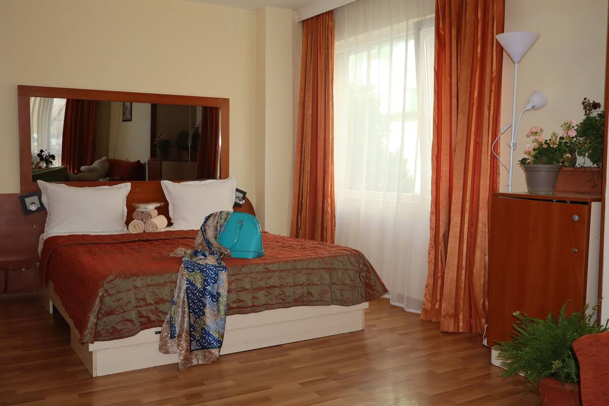 A hotel room with a bed, a mirror, a desk, a lamp, and a potted plant.
