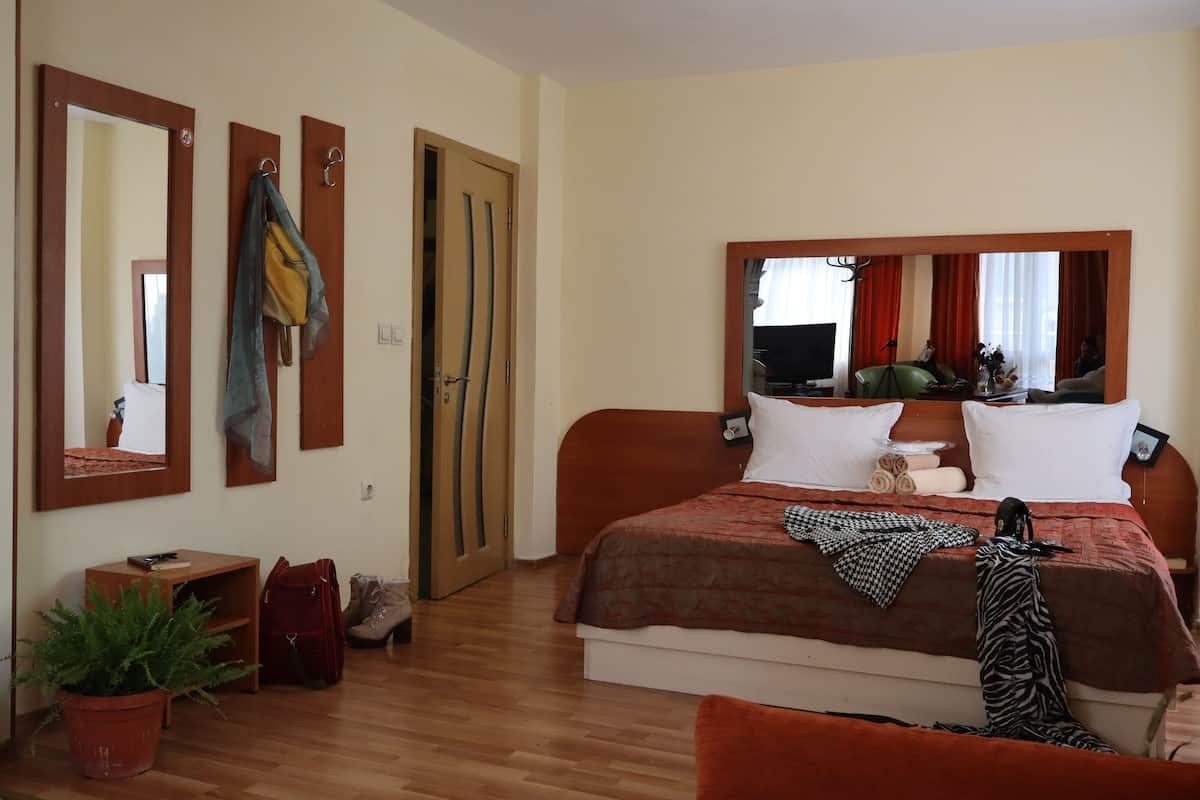 A hotel room with a wooden floor, a bed with a red and brown bedspread, a large mirror, a small desk with a telephone, a potted plant, and a door with a towel hanging on it.