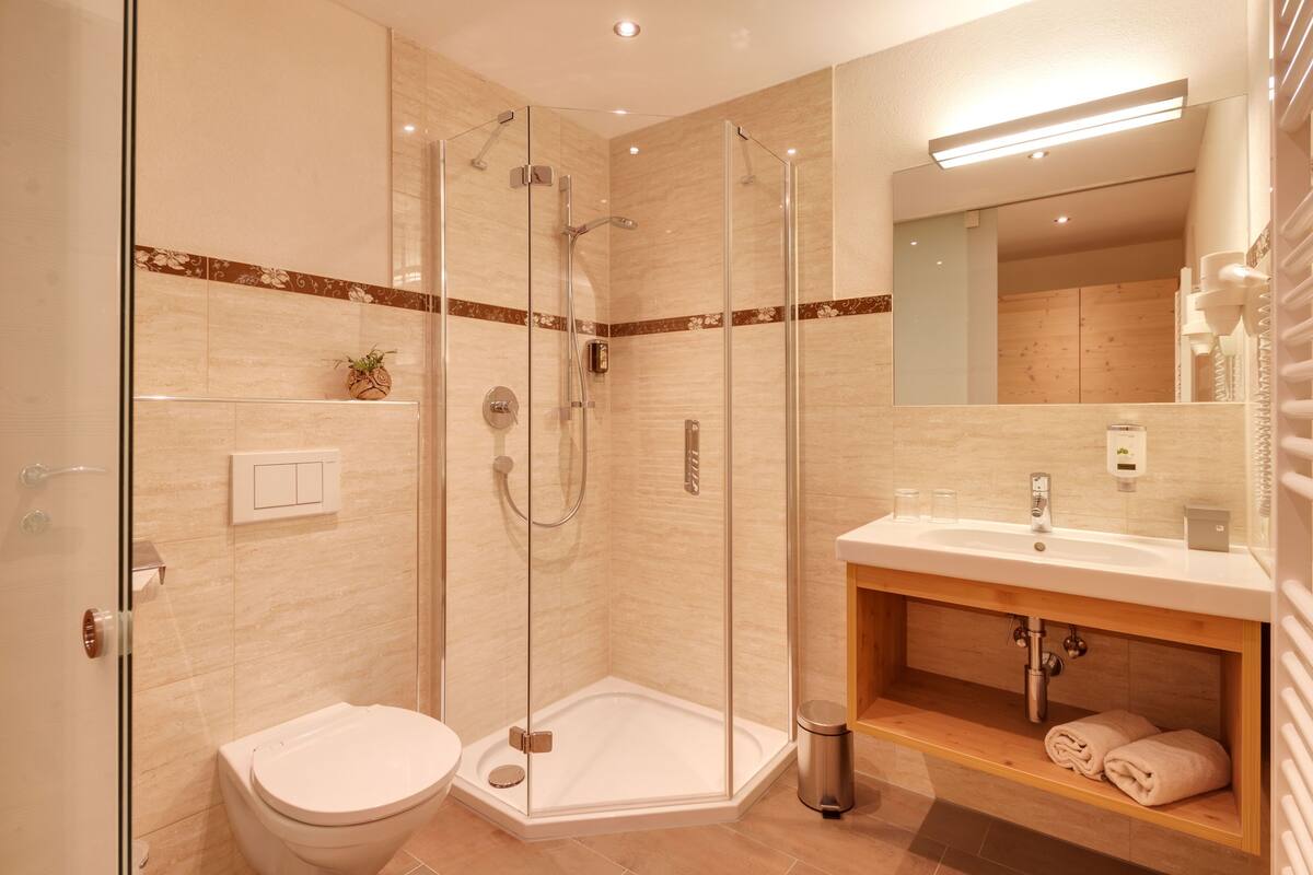 A modern bathroom with a glass-enclosed shower, a toilet, a sink with a wooden vanity, and a mirror above the sink.